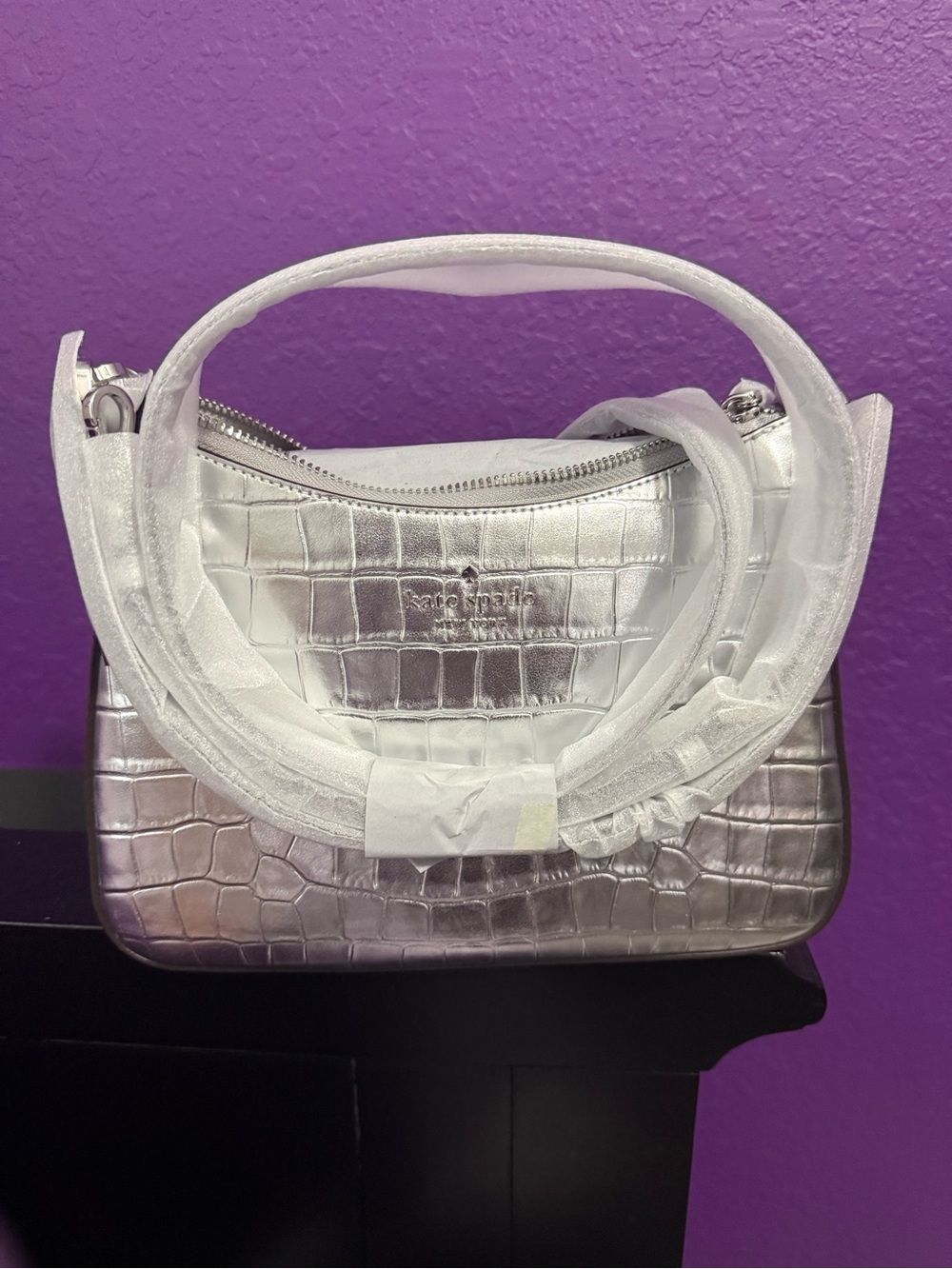 kate spade Silver Croc-Embossed Shoulder Bag